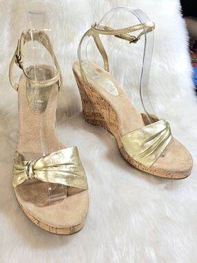 Cathy Jean Twisted Golden Leather Cork-wrappwd Wedge Sandals with Ankle Strap